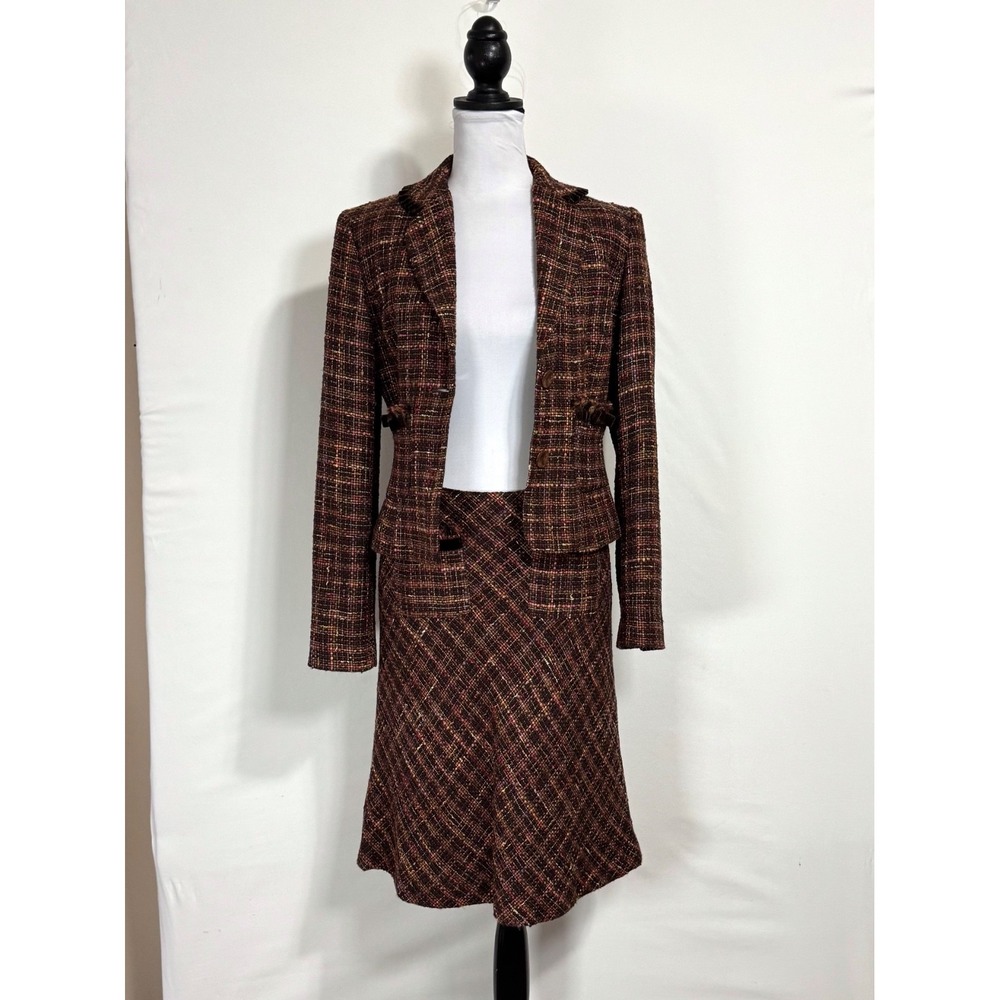 VTG Y2K Express Tweed Skirt Suit Set Size 8 6 Velvet Fringe Trim Preppy Sorority - Picture 6 of 16